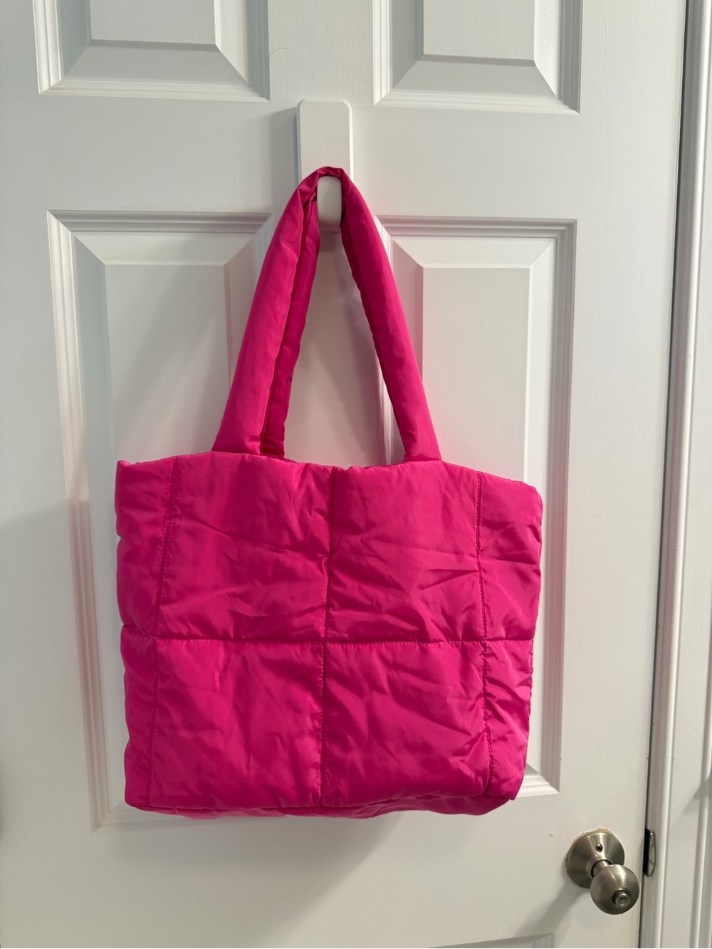 Hot Pink Puffer Tote Bag - Lightweight Everyday Shoulder Bag